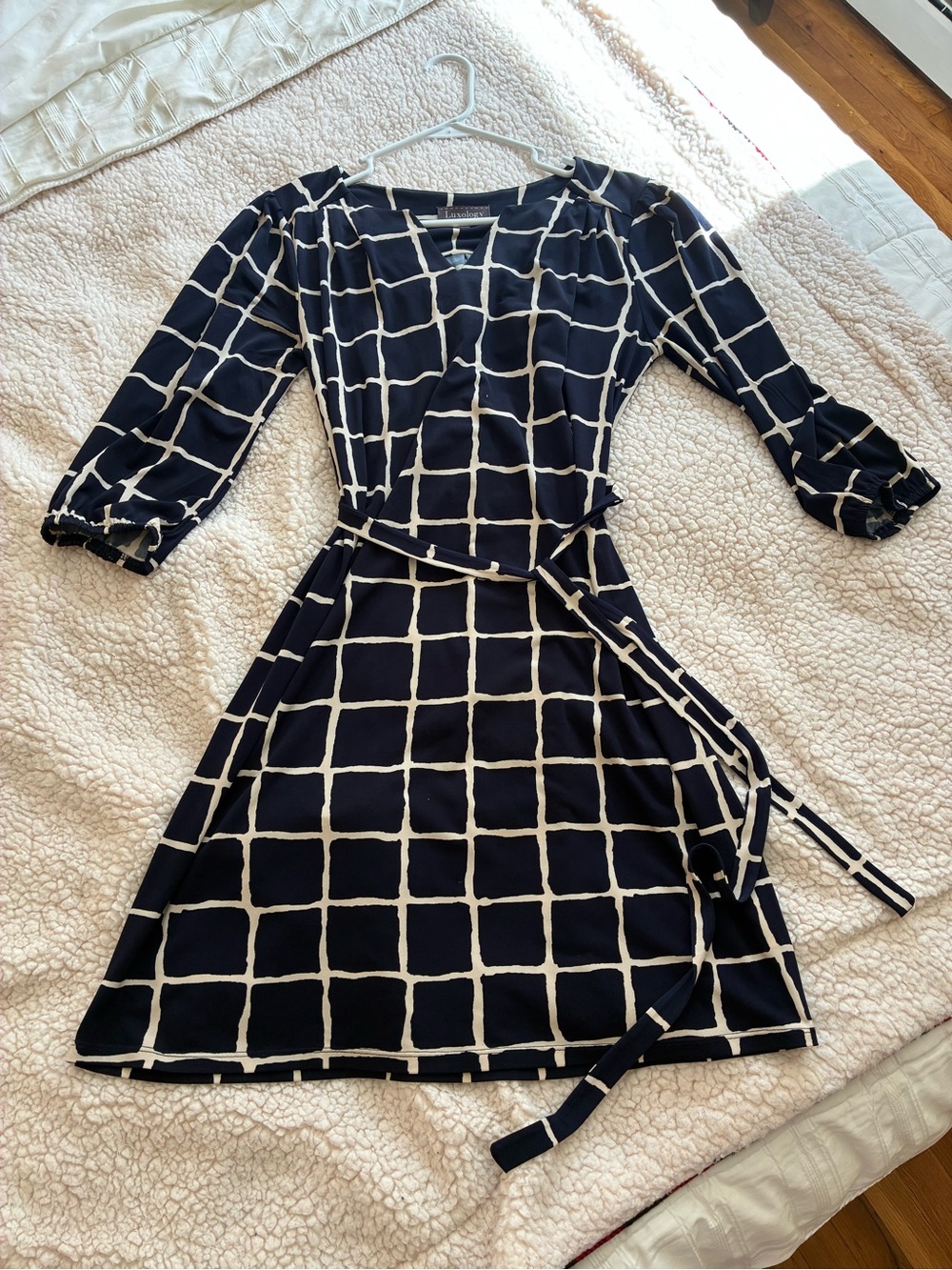Luxology Navy and White Grid Wrap Midi Dress